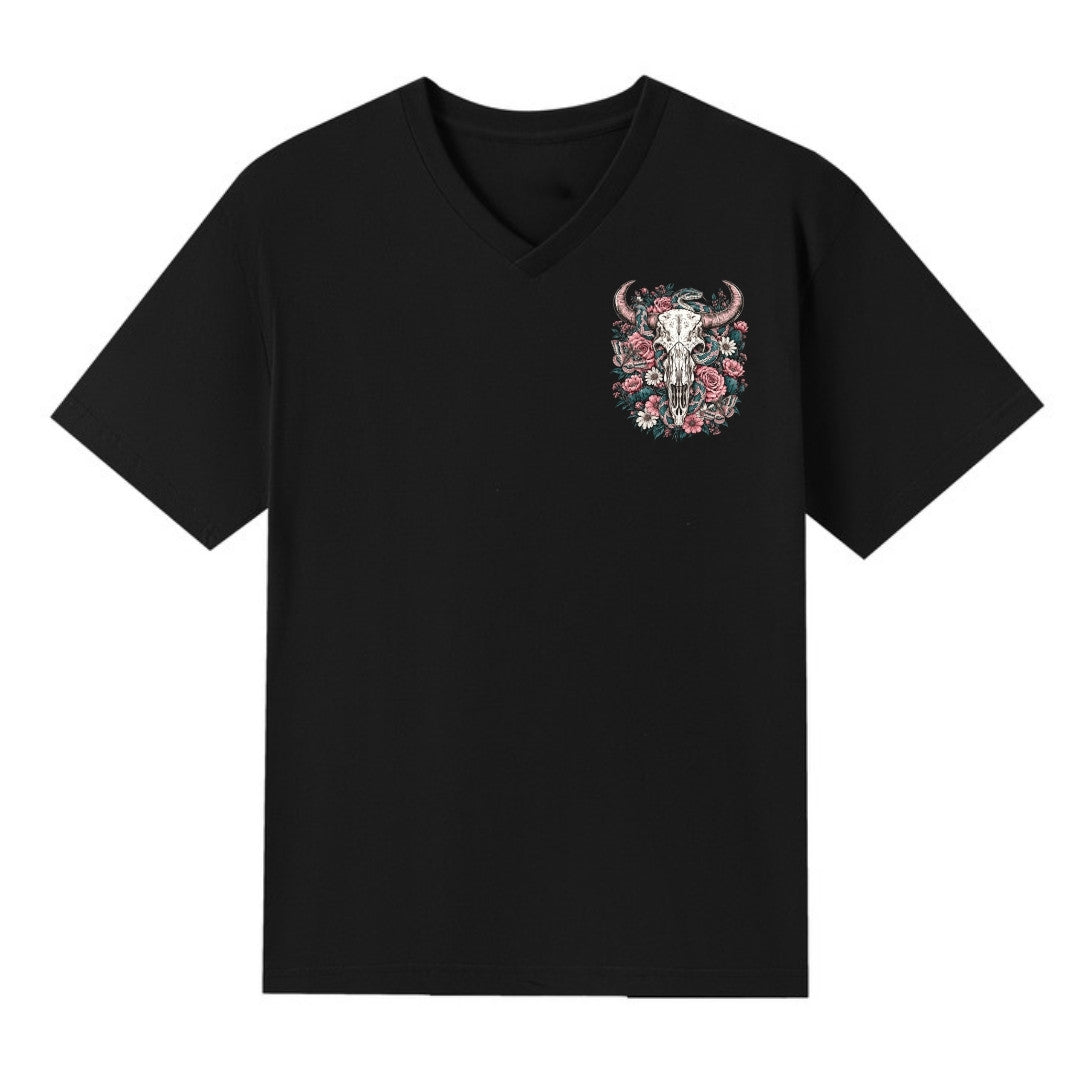 A black V-neck oversized tee with a small Skull Snake And Moths graphic on the left chest.