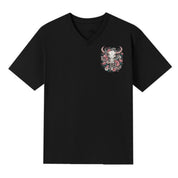 A black V-neck oversized tee with a small Skull Snake And Moths graphic on the left chest.