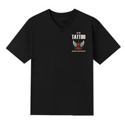A black V-neck oversized tee with a small Get The Tattoo graphic on the left chest.