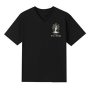 A black V-neck oversized tee with a small First Of All I'm A Delight graphic on the left chest.