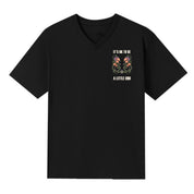 A black V-neck oversized tee with a small It's OK To Be A Little Odd graphic on the left chest.