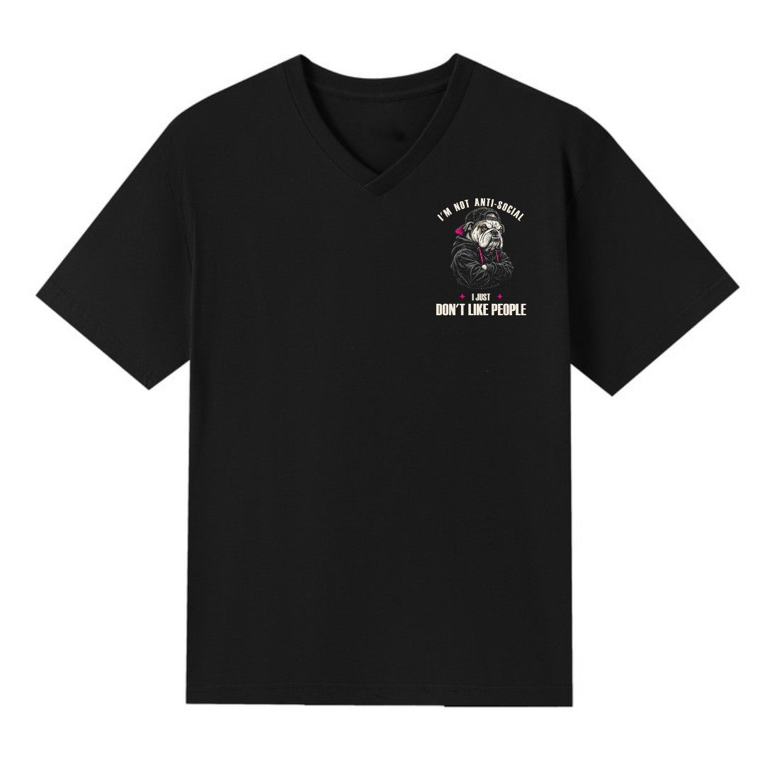 A black V-neck oversized tee with a small I'm Not Anti Social Bulldog graphic on the left chest.