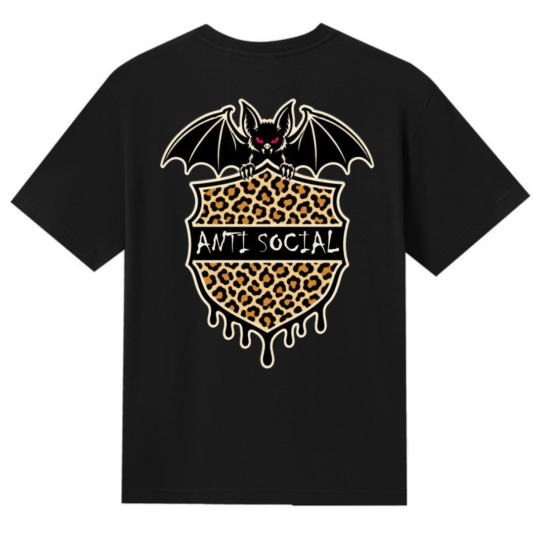 A black V-neck oversized tee shown from the back, with the Anti Social graphic printed large across the back.