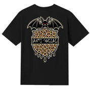 A black V-neck oversized tee shown from the back, with the Anti Social graphic printed large across the back.