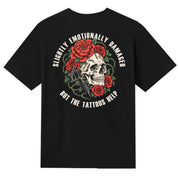 A black V-neck oversized tee shown from the back, with the Slightly Emotionally Damaged graphic printed large across the back.
