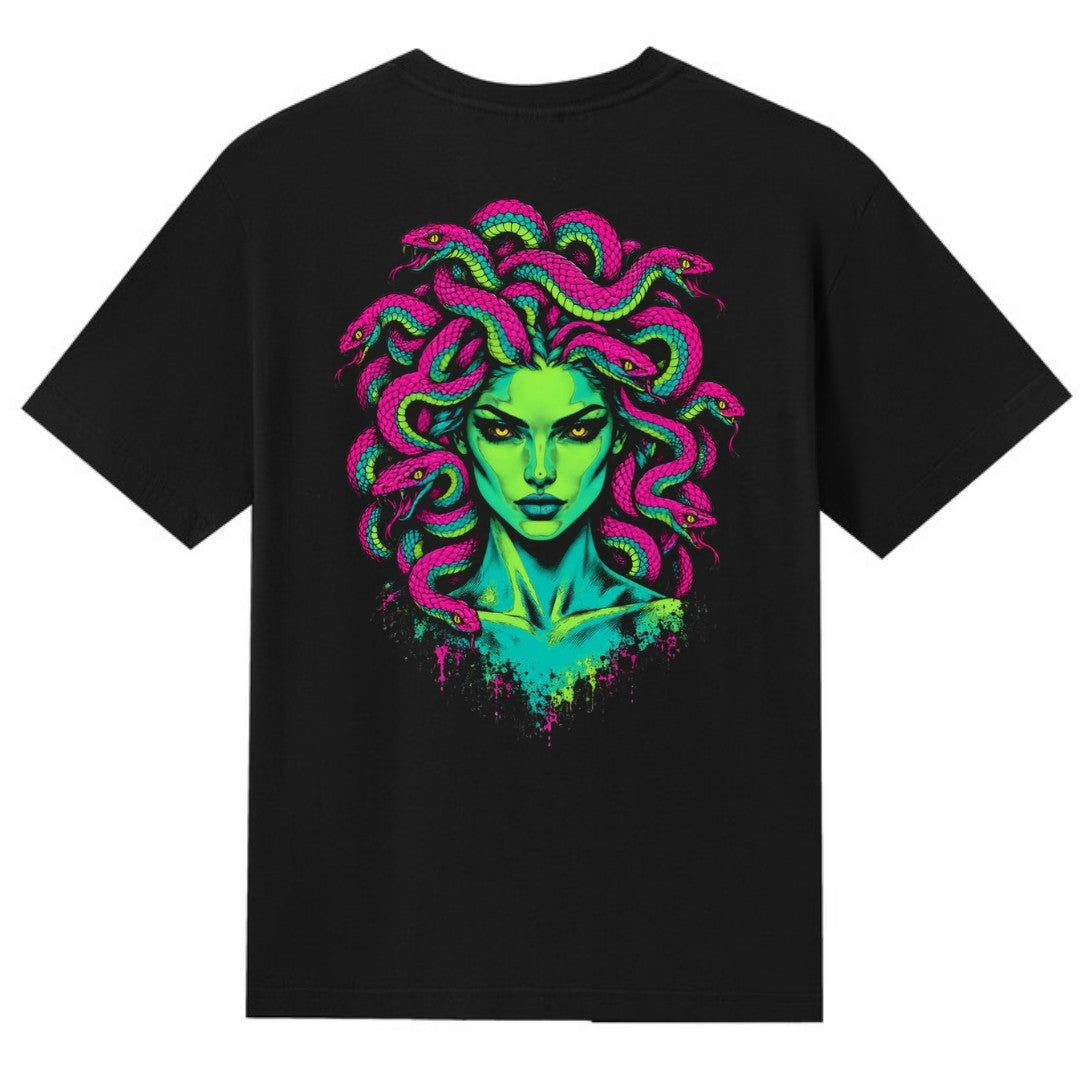 A black V-neck oversized tee shown from the back, with the Medusa graphic printed large across the back.