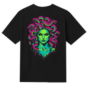 A black V-neck oversized tee shown from the back, with the Medusa graphic printed large across the back.