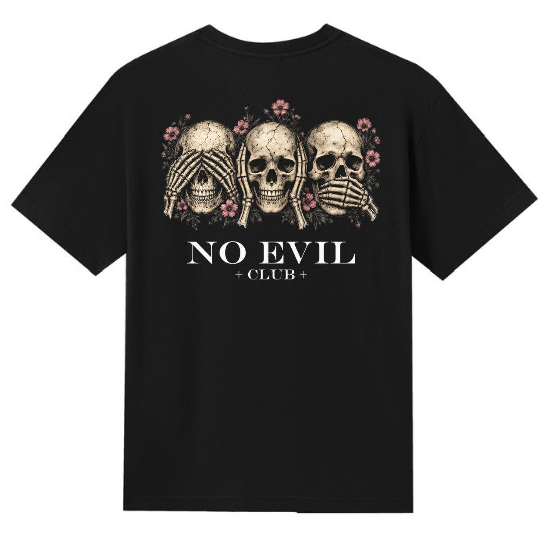 A black V-neck oversized tee shown from the back, with the No Evil Club graphic printed large across the back.