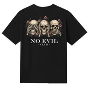 A black V-neck oversized tee shown from the back, with the No Evil Club graphic printed large across the back.