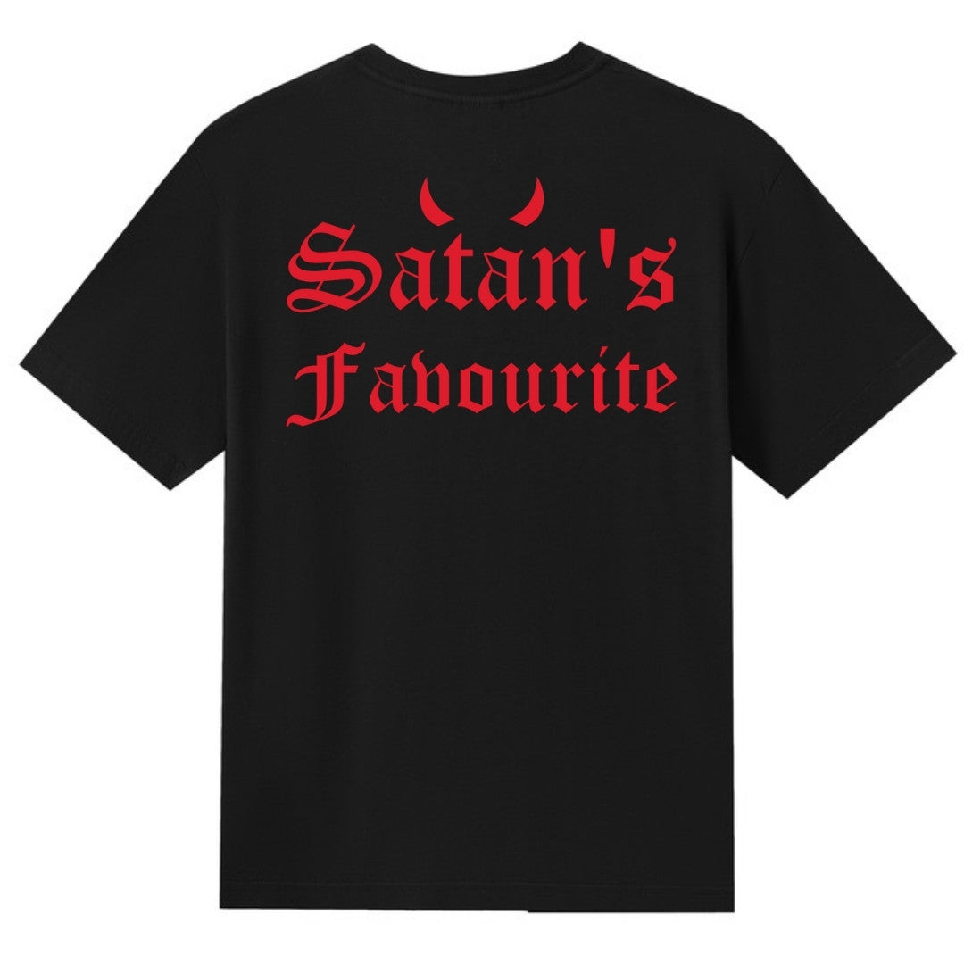 A black V-neck oversized tee shown from the back, with the Satan's Favourite graphic printed large across the back.