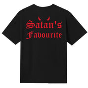 A black V-neck oversized tee shown from the back, with the Satan's Favourite graphic printed large across the back.