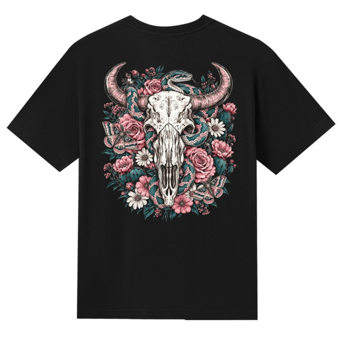A black V-neck oversized tee shown from the back, with the Skull Snake And Moths graphic printed large across the back.