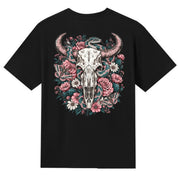 A black V-neck oversized tee shown from the back, with the Skull Snake And Moths graphic printed large across the back.