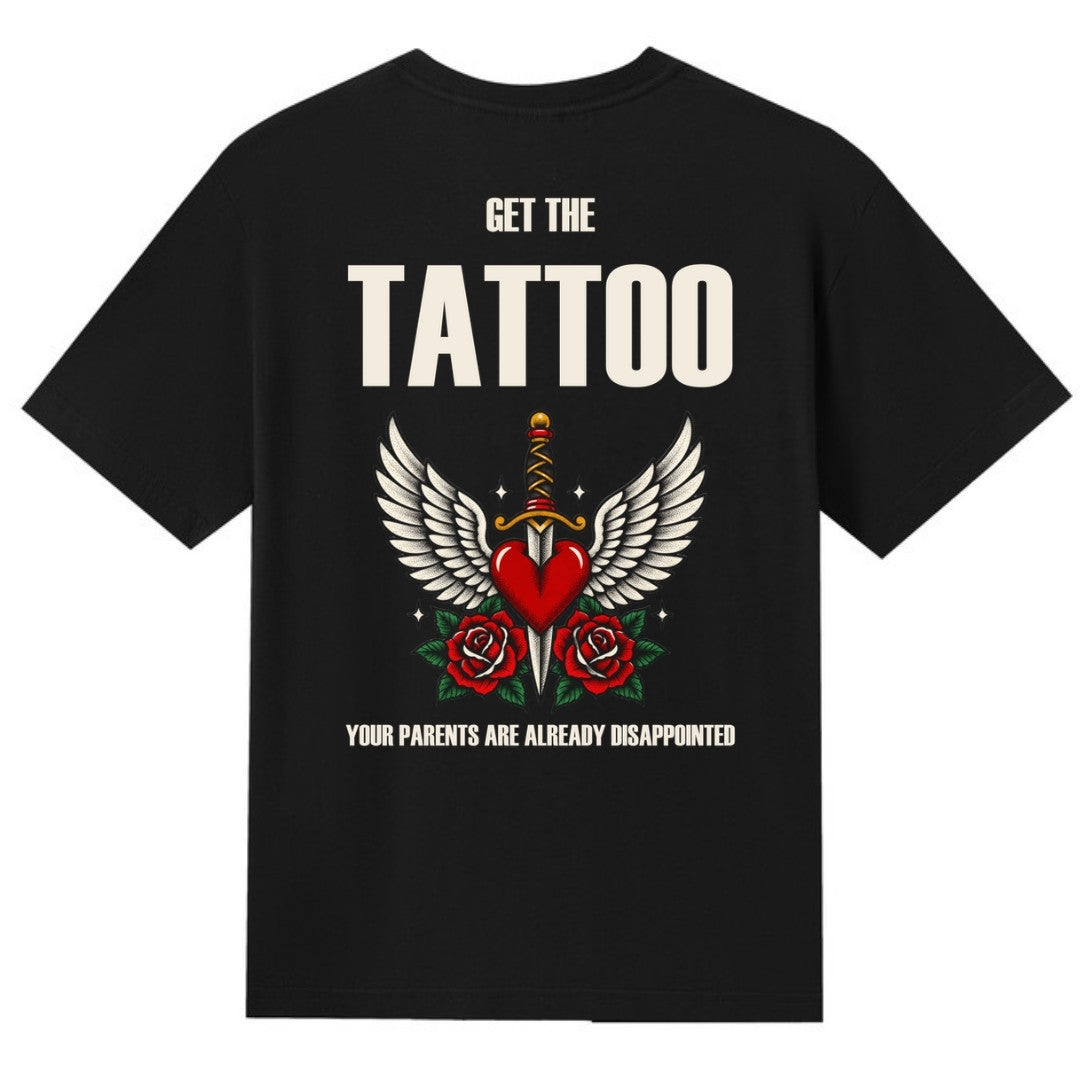 A black V-neck oversized tee shown from the back, with the Get The Tattoo graphic printed large across the back.