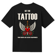 A black V-neck oversized tee shown from the back, with the Get The Tattoo graphic printed large across the back.