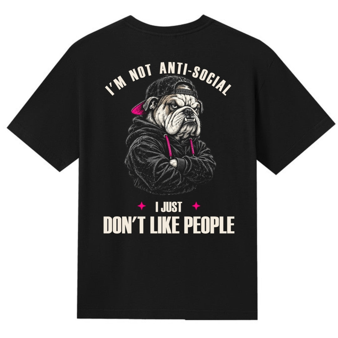 A black V-neck oversized tee shown from the back, with the I'm Not Anti Social Bulldog graphic printed large across the back.
