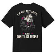 A black V-neck oversized tee shown from the back, with the I'm Not Anti Social Bulldog graphic printed large across the back.