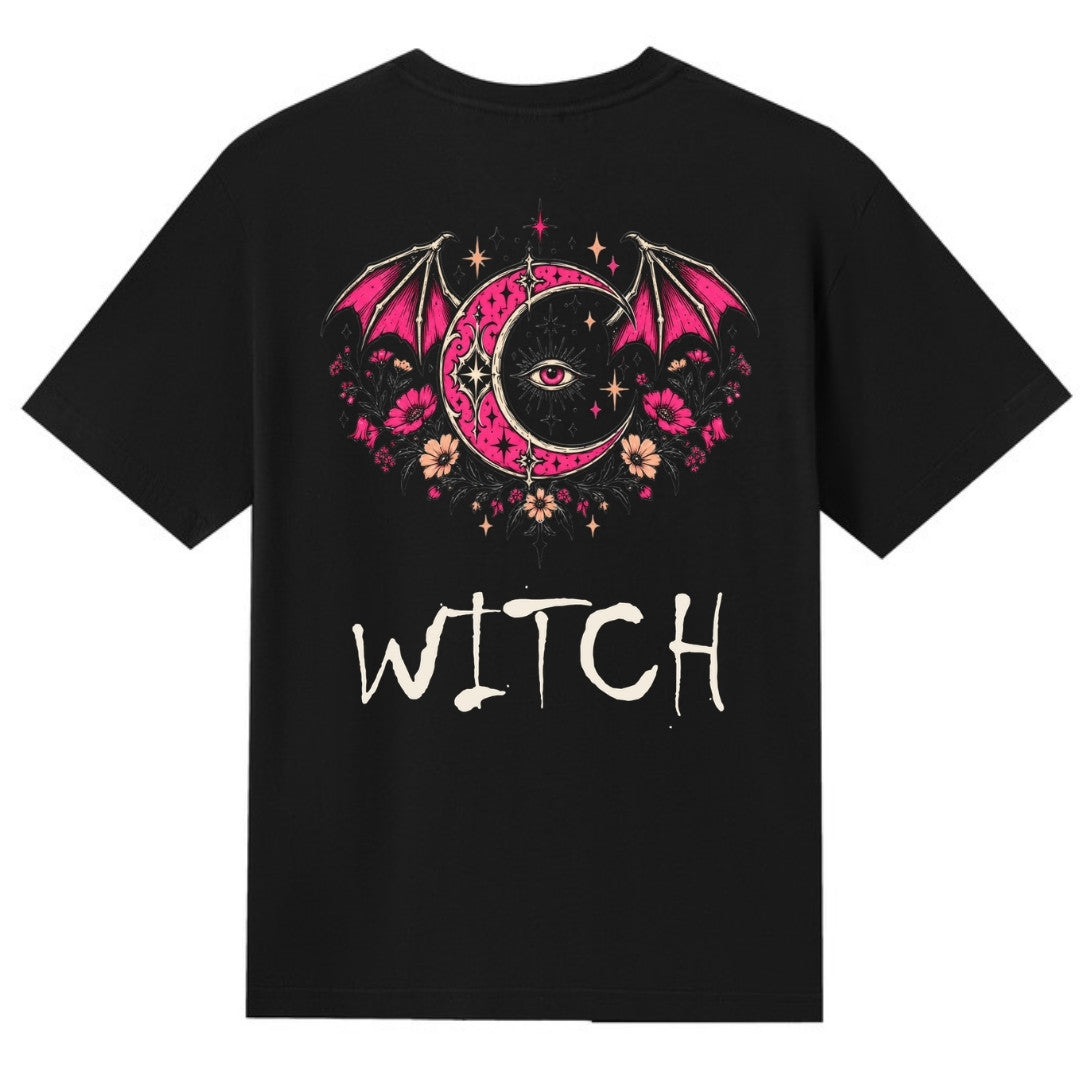A black V-neck oversized tee shown from the back, with the Witch graphic printed large across the back.