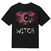A black V-neck oversized tee shown from the back, with the Witch graphic printed large across the back.