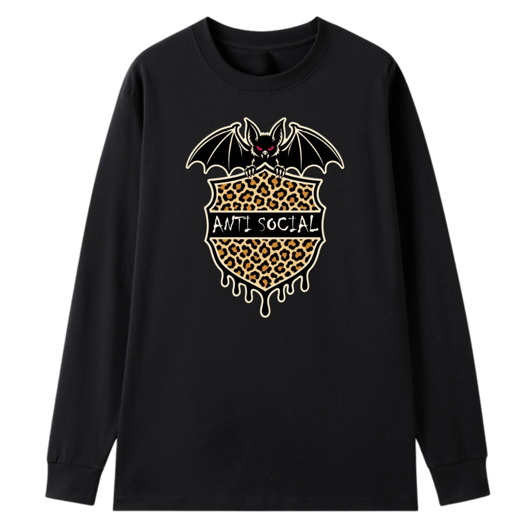 A black oversized long sleeve tee with the Anti Social graphic printed large on the front.