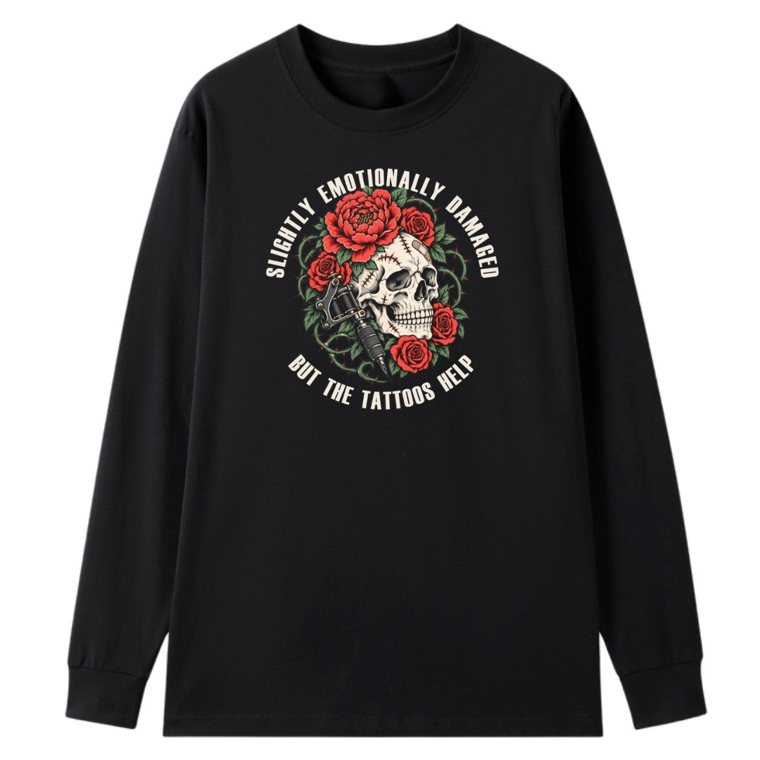 A black oversized long sleeve tee with the Slightly Emotionally Damaged graphic printed large on the front.