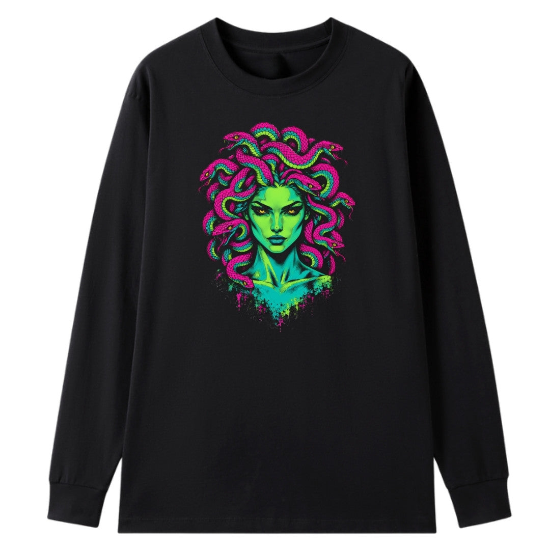 A black oversized long sleeve tee with the Medusa graphic printed large on the front.