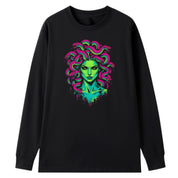 A black oversized long sleeve tee with the Medusa graphic printed large on the front.