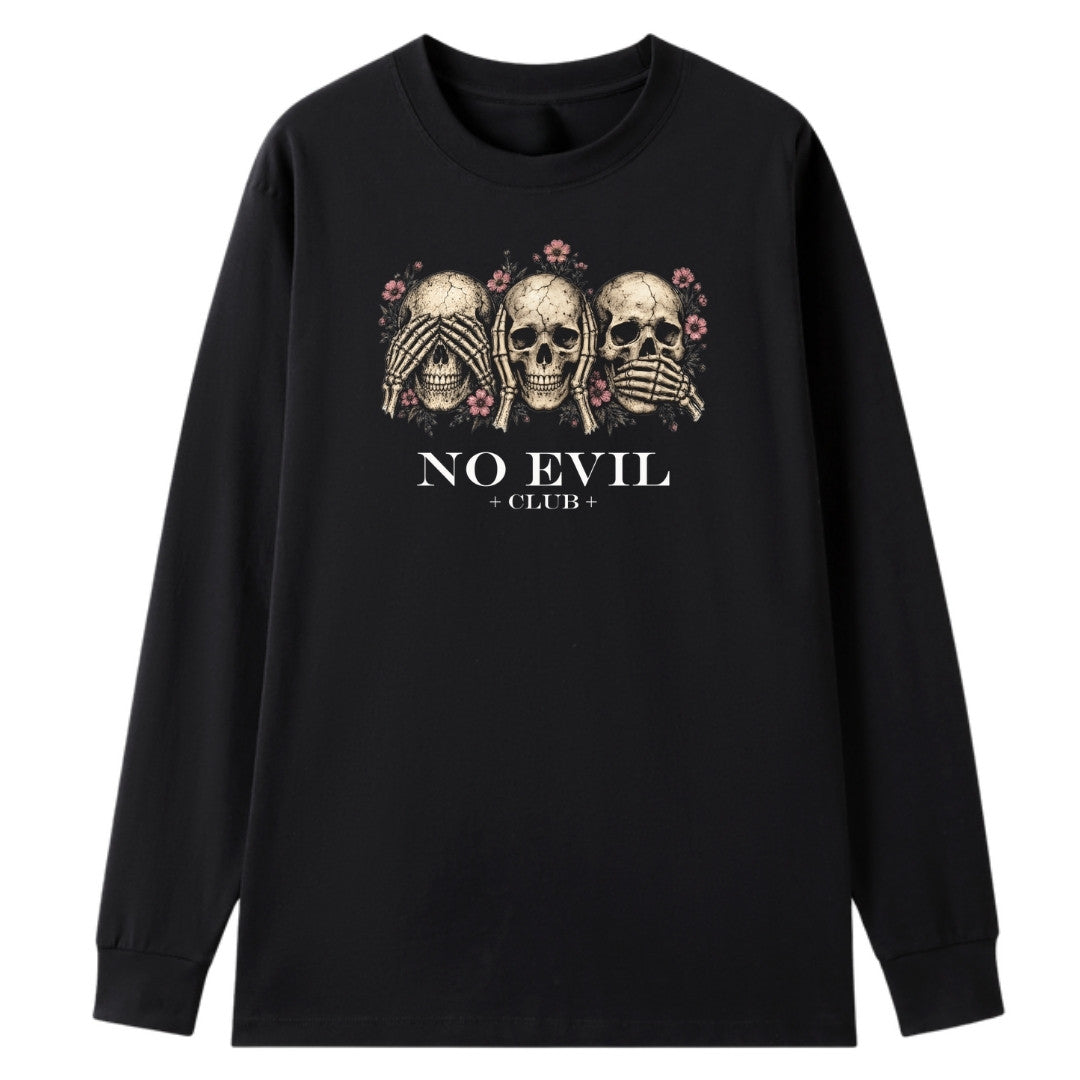 A black oversized long sleeve tee with the No Evil Club graphic printed large on the front.