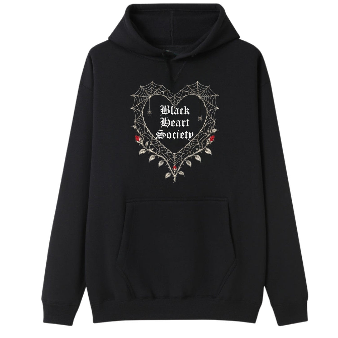 A black oversized hoodie with the Black Heart Society graphic printed large on the front.