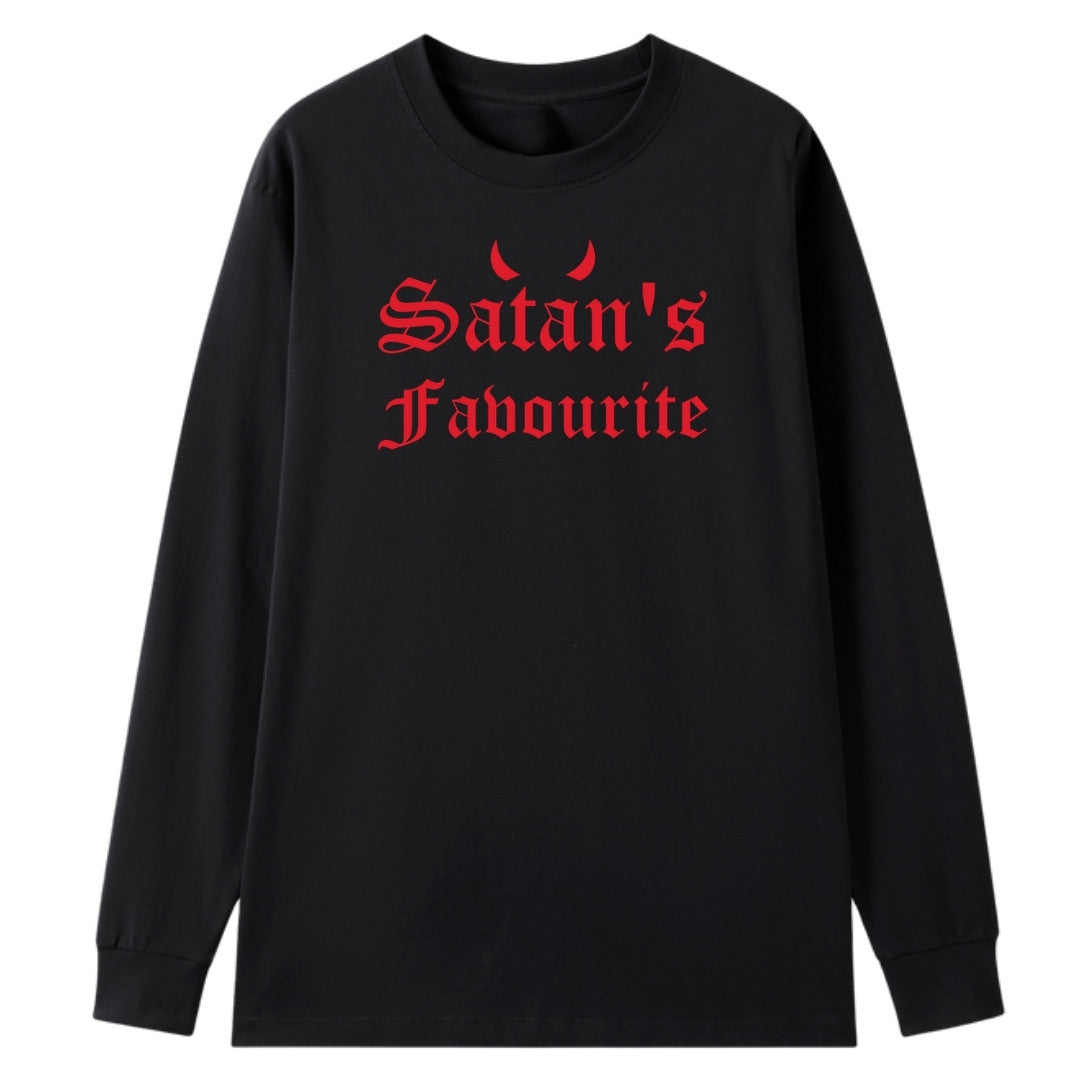 A black oversized long sleeve tee with the Satan's Favourite graphic printed large on the front.