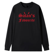 A black oversized long sleeve tee with the Satan's Favourite graphic printed large on the front.