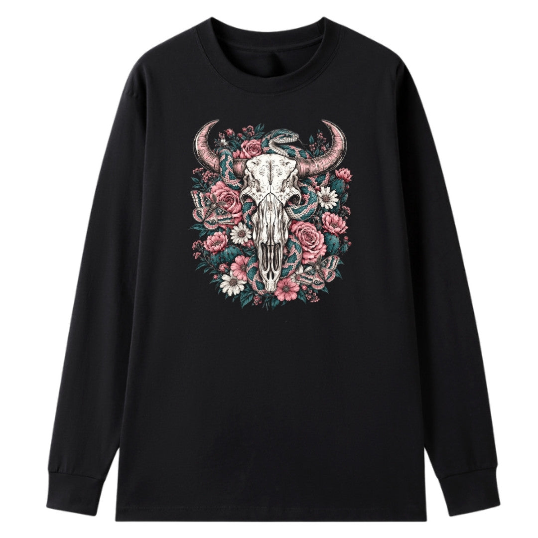A black oversized long sleeve tee with the Skull Snake And Moths graphic printed large on the front.