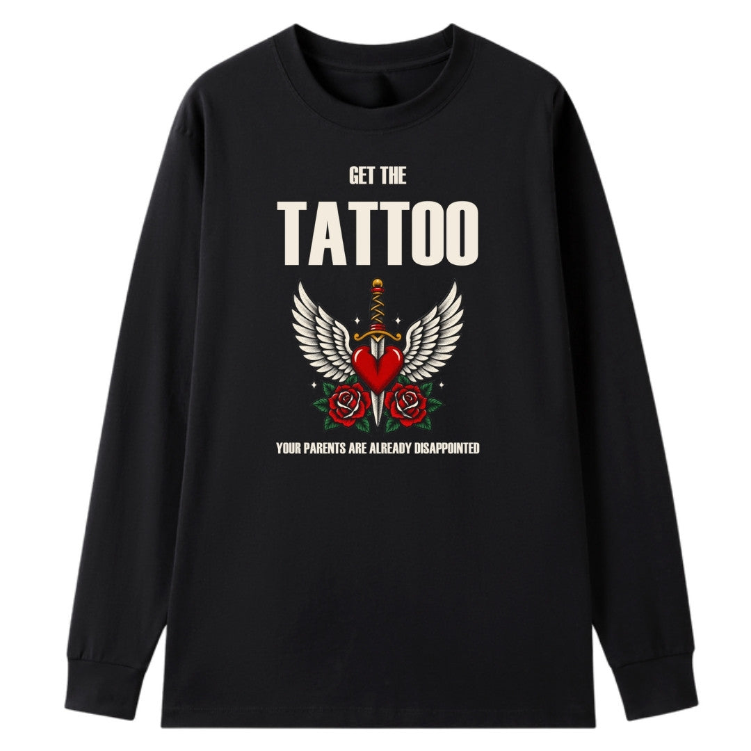 A black oversized long sleeve tee with the Get The Tattoo graphic printed large on the front.