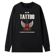 A black oversized long sleeve tee with the Get The Tattoo graphic printed large on the front.