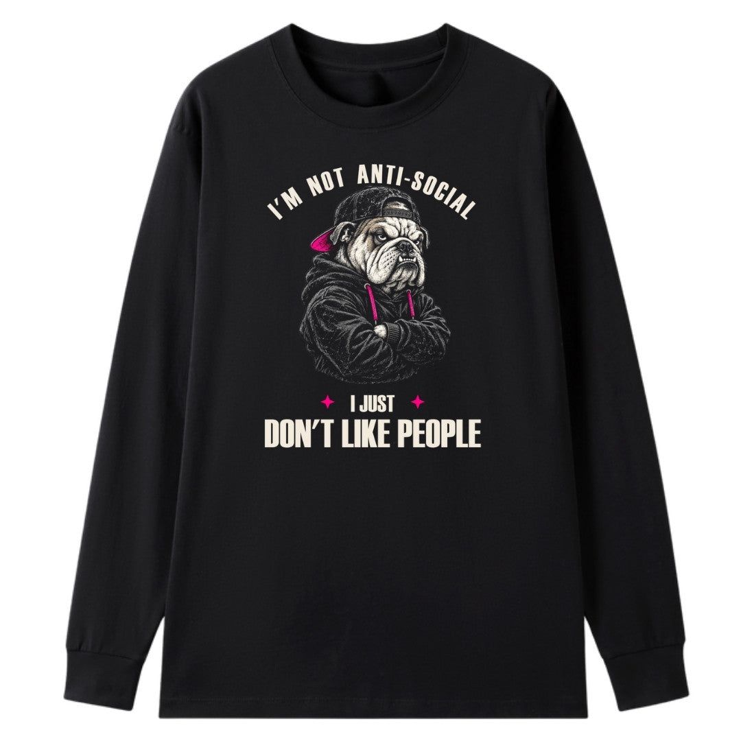 A black oversized long sleeve tee with the I'm Not Anti Social Bulldog graphic printed large on the front.
