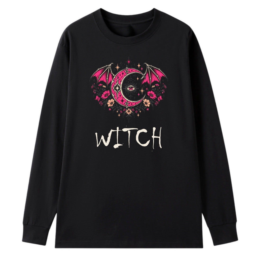 A black oversized long sleeve tee with the Witch graphic printed large on the front.