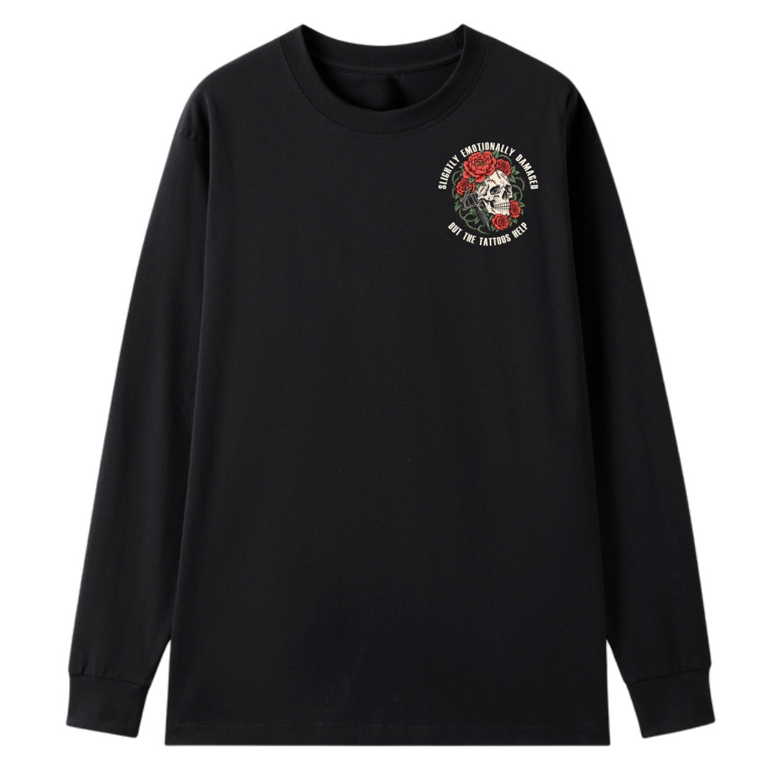 A black oversized long sleeve tee with a small Slightly Emotionally Damaged graphic on the left chest.