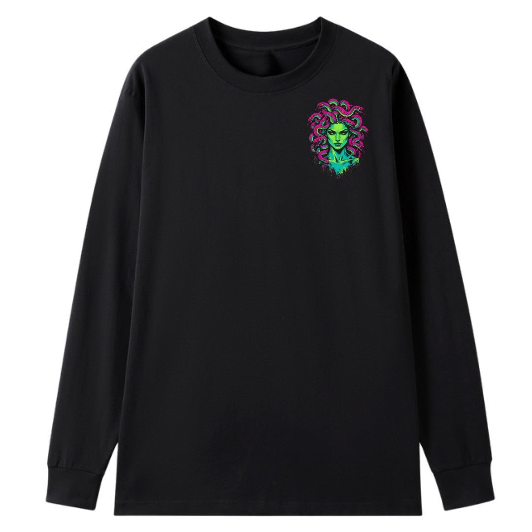 A black oversized long sleeve tee with a small Medusa graphic on the left chest.