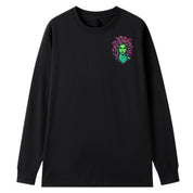 A black oversized long sleeve tee with a small Medusa graphic on the left chest.