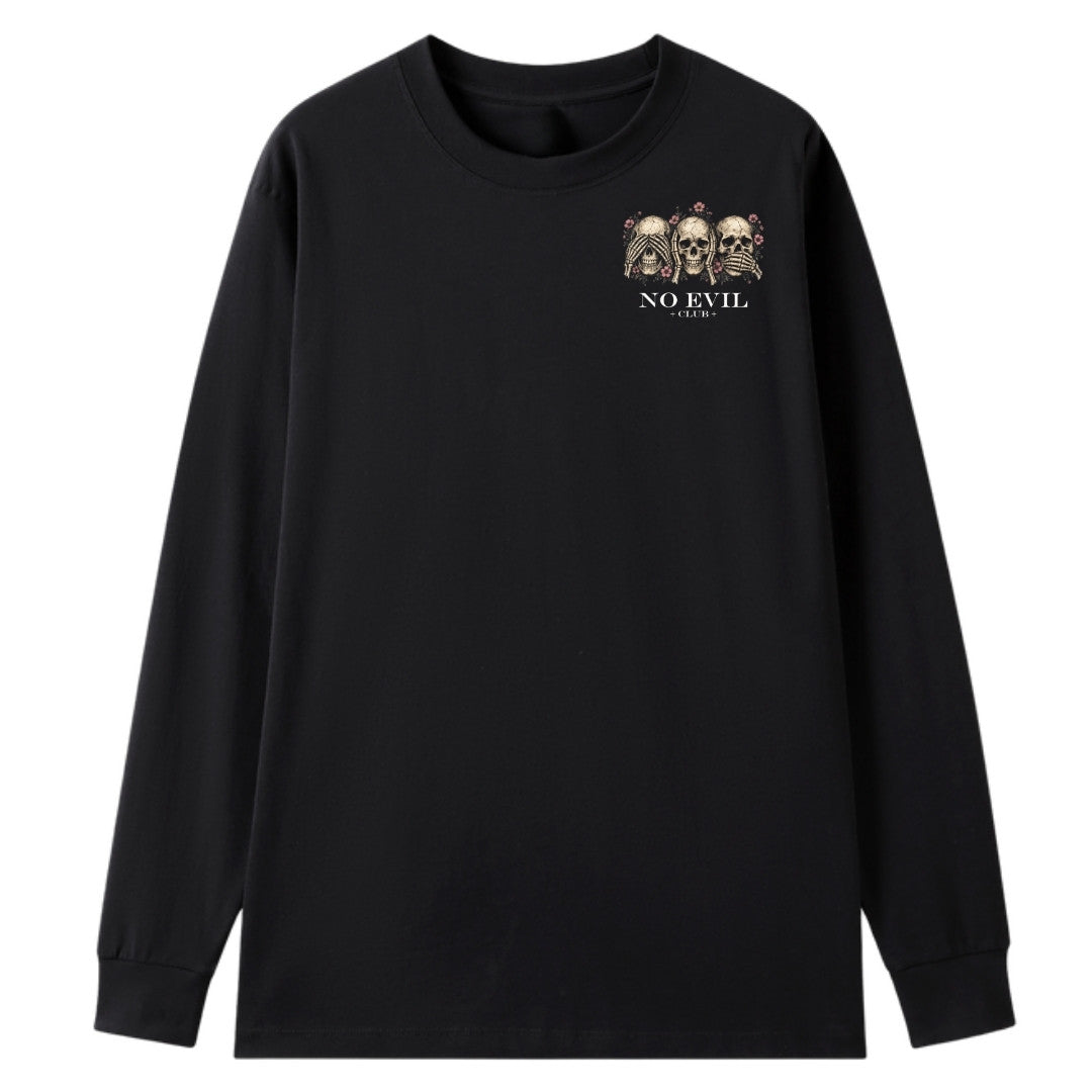 A black oversized long sleeve tee with a small No Evil Club graphic on the left chest.