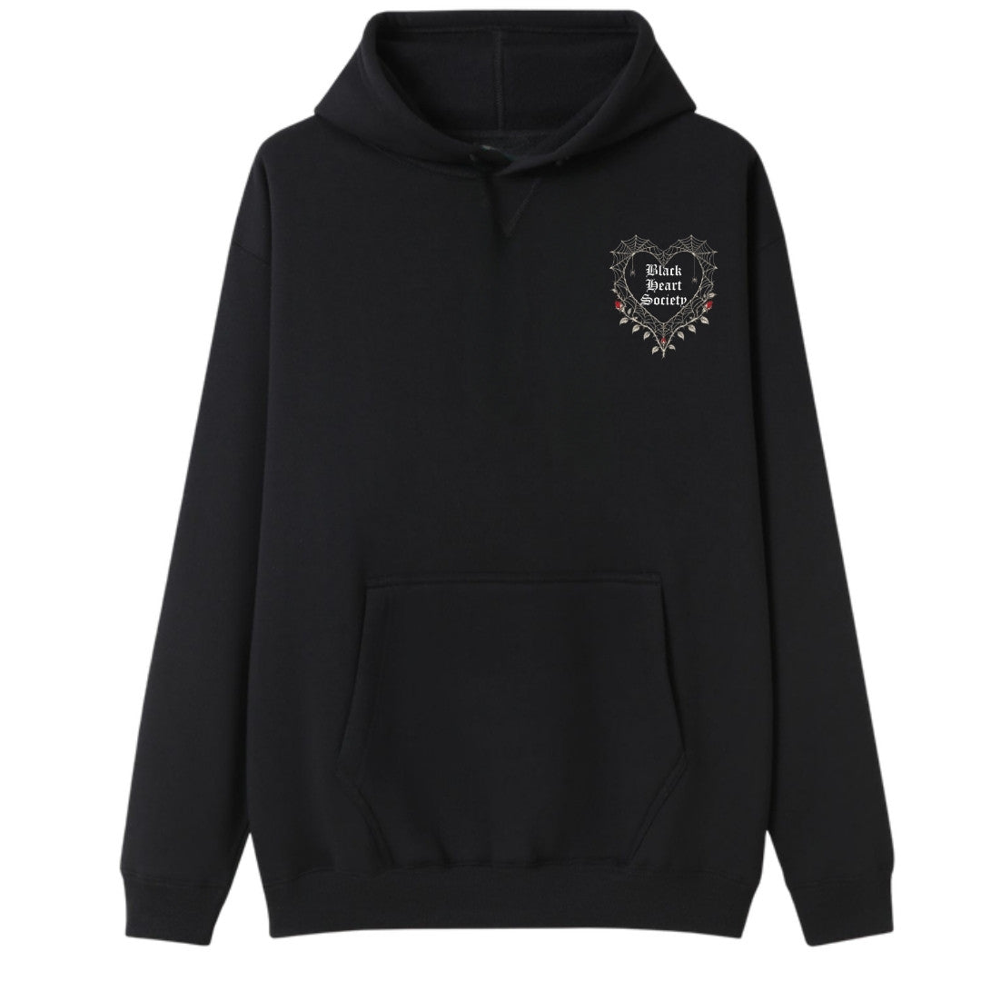 A black oversized hoodie with a small Black Heart Society graphic on the left chest.