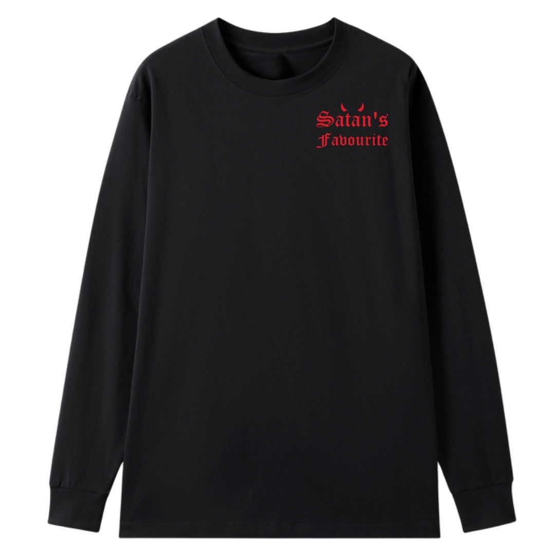 A black oversized long sleeve tee with a small Satan's Favourite graphic on the left chest.