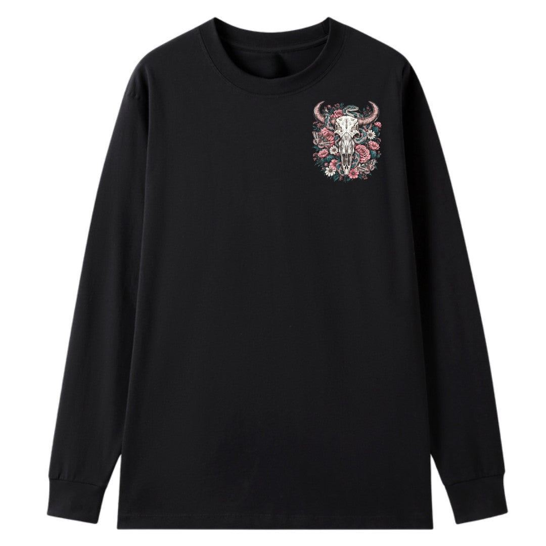 A black oversized long sleeve tee with a small Skull Snake And Moths graphic on the left chest.