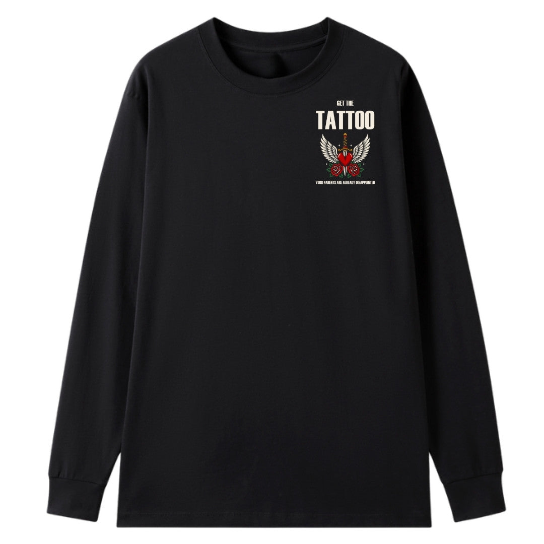 A black oversized long sleeve tee with a small Get The Tattoo graphic on the left chest.
