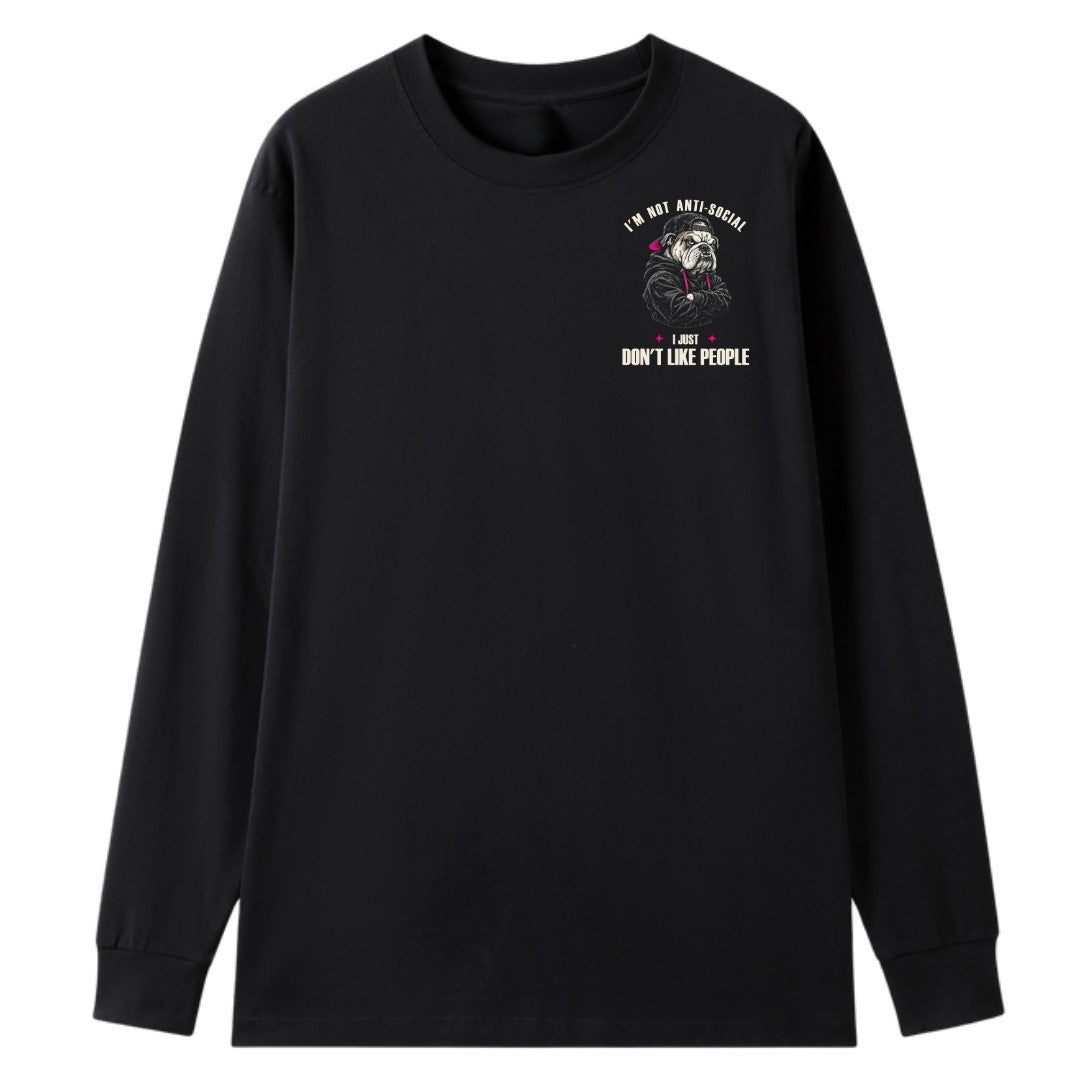 A black oversized long sleeve tee with a small I'm Not Anti Social Bulldog graphic on the left chest.