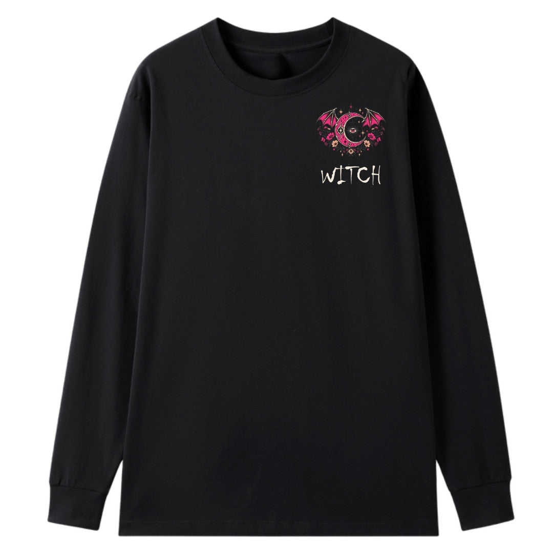 A black oversized long sleeve tee with a small Witch graphic on the left chest.