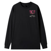 A black oversized long sleeve tee with a small Witch graphic on the left chest.