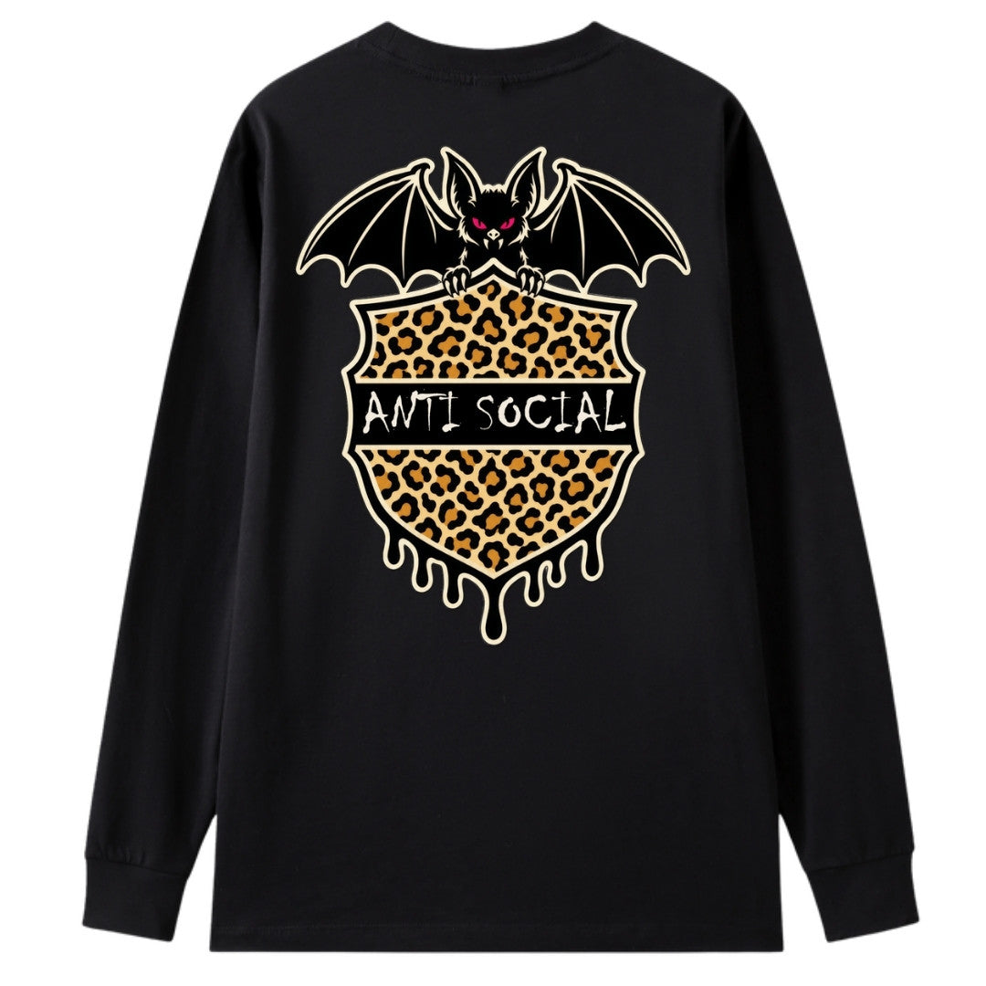 A black oversized long sleeve tee shown from the back, with the Anti Social graphic printed large across the back.