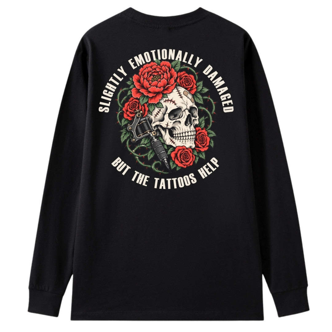 A black oversized long sleeve tee shown from the back, with the Slightly Emotionally Damaged graphic printed large across the back.