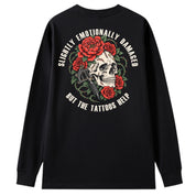 A black oversized long sleeve tee shown from the back, with the Slightly Emotionally Damaged graphic printed large across the back.